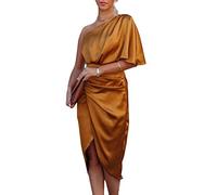 shownicer Damen Sexy One Shoulder Abendkleid Einfarbiges Elegant Cocktailkleid mit Schlitz Partykleid Schulterfrei Hohe Taille Kleid Knielang Businesskleid Orange M