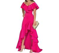 shownicer Damen Sexy SchräGe Schulter Kleid Eng Anliegende Schlitz Gefaltete GekräUselte Meerjungfrau Formales Abendkleider Lang Kleid Cocktailkleid Rose Rot S