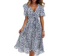 shownicer Damen Sommerkleid Kurzarm V-Ausschnitt Chiffon Knielang Kleid Einfarbig Elegant Boho Blumendruck Kleider A Linie Chiffonkleid A Blau04 M