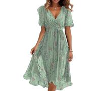 shownicer Damen Sommerkleid Kurzarm V-Ausschnitt Chiffon Knielang Kleid Einfarbig Elegant Boho Blumendruck Kleider A Linie Chiffonkleid A Hellgrün XXL