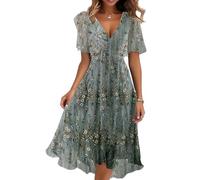 shownicer Damen Sommerkleid Kurzarm V-Ausschnitt Chiffon Knielang Kleid Einfarbig Elegant Boho Blumendruck Kleider A Linie Chiffonkleid A Dunkelgrün XL