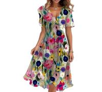 shownicer Damen Sommerkleid Kurzarm V-Ausschnitt Chiffon Knielang Kleid Einfarbig Elegant Boho Blumendruck Kleider A Linie Chiffonkleid A Rosa M