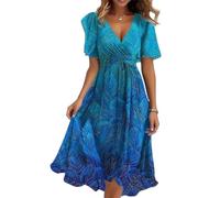 shownicer Damen Sommerkleid Kurzarm V-Ausschnitt Chiffon Knielang Kleid Einfarbig Elegant Boho Blumendruck Kleider A Linie Chiffonkleid A Blau03 XL