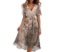 shownicer Damen Sommerkleid Kurzarm V-Ausschnitt Chiffon Knielang Kleid Einfarbig Elegant Boho Blumendruck Kleider A Linie Chiffonkleid A Gold M