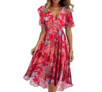 shownicer Damen Sommerkleid Kurzarm V-Ausschnitt Chiffon Knielang Kleid Einfarbig Elegant Boho Blumendruck Kleider A Linie Chiffonkleid A Rot M