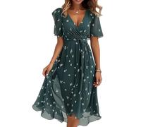 shownicer Damen Sommerkleid Kurzarm V-Ausschnitt Chiffon Knielang Kleid Einfarbig Elegant Boho Blumendruck Kleider A Linie Chiffonkleid A Grün S