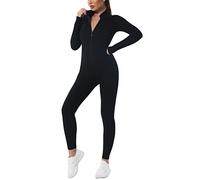shownicer Damen Sport Jumpsuit Lang Yoga Overall Langarm V-Ausschnitt Playsuits mit Reißverschluss Slim Fit Fitness Jogging Hosenanzug Trainingsanzug Onesie B Schwarz M