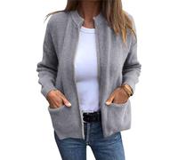 shownicer Damen Strickjacke Kurz Strick Cardigan mit Taschen Casual Übergroße Pullover Strickmantel Rundhals Strickpullover Jacke Einfarbig Strickjacken für Herbst Winter A Grau M