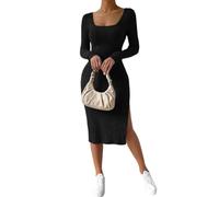 shownicer Damen Strickkleid Mit Schlitz Rippstrick Pulloverkleid Langarm U Ausschnitt Figurbetontes Kleid Bodycon Midikleid Pullikleid Einfarbige Freizeitkleid für Herbst Winter C Schwarz XS