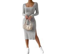 shownicer Damen Strickkleid Mit Schlitz Rippstrick Pulloverkleid Langarm U Ausschnitt Figurbetontes Kleid Bodycon Midikleid Pullikleid Einfarbige Freizeitkleid für Herbst Winter C Grau S