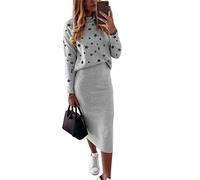 shownicer Damen Strickkleid Zweiteiliger Anzug Pullover Oberteil und Midi Strickrock Bodycon 2 Stück Set Rollkragen Pulloverkleid Midikleid Winter Hellgrau XL