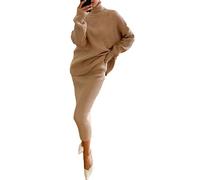 shownicer Damen Strickkleid Zweiteiliger Anzug Pullover Oberteil und Midi Strickrock Bodycon 2 Stück Set Maxikleid Rollkragen Pulloverkleid Winter Strick Kleid A Khaki 3XL