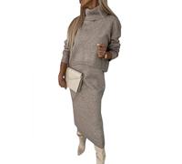 shownicer Damen Strickkleid Zweiteiliger Anzug Rollkragen Winterkleid Langarm Pullover und Maxi Strickrock Bodycon 2 Stück Set Sweater Midikleid Pullikleid Gestrickt Kleid Set A Khaki XL