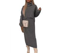 shownicer Damen Strickkleid Zweiteiliger Anzug Rollkragen Winterkleid Langarm Pullover und Maxi Strickrock Bodycon 2 Stück Set Sweater Midikleid Pullikleid Gestrickt Kleid Set A Grau XL