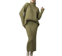 shownicer Damen Strickkleid Zweiteiliger Anzug Rollkragen Winterkleid Langarm Pullover und Maxi Strickrock Bodycon 2 Stück Set Sweater Midikleid Pullikleid Gestrickt Kleid Set C Grün L