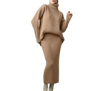 shownicer Damen Strickkleid Zweiteiliger Anzug Rollkragen Winterkleid Langarm Pullover und Maxi Strickrock Bodycon 2 Stück Set Sweater Midikleid Pullikleid Gestrickt Kleid Set C Khaki S