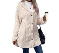 shownicer Damen Teddy-Fleece Kapuzenmantel Flauschig Plüschjacke Warme Wintermantel Dicke Winterjacke Kapuzenjacke Einfarbig Fleecejacke Teddyjacke Cardigan A Beige L