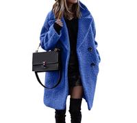 shownicer Damen Warm Wintermäntel Sherpa Fleece PlüSch Lang ÜBergangsjacke Frauen Oberbekleidung Outdoorjacke Steppjacke Fleecejacke Dicke Knöpfe Cardigan Parka mit Reverskragen A Blau XXL