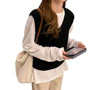 shownicer Damen Weste Strick Pullunder V-Ausschnitt Strickweste Vest mit Strick Feinstrick für Business und Freizeit Schwarz Einheitsgröße