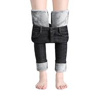 shownicer Damen Winter Jeans Fleece Gefütterte Denim Leggings Gefüttert Thermojeans Straight Hose Große Größen Dicke Warm Plüsch Jeggings D Grau (Voller Länge) S