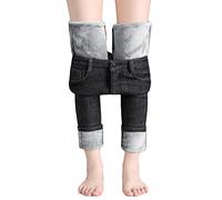 shownicer Damen Winter Jeans Fleece Gefütterte Denim Leggings Gefüttert Thermojeans Straight Hose Große Größen Dicke Warm Plüsch Jeggings B Grau (7/8 Länge) M