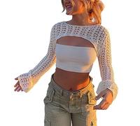 shownicer Damen Y2K Crochet Pullover Langarm Crop Tops Aushöhlen Cover Up Einfarbig 90er Streetwear Gothic Punk Strickoberteil Zerrissene Strickpullover Lose Oberteile A Weiß L