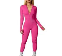 shownicer Damen Yoga Jumpsuit Eng Lang Sport Overall Langarm Playsuit V-Ausschnitt Reißverschluss Bodycon Strampler Trainingsanzug Einteiler Jogginganzug A Rose Rot L