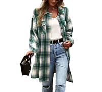 shownicer Hemdjacke Damen Kariertes Taschen Knöpfen Langarm Oversize Bluse Mantel Lange Jacke Karohemd Holzfällerjacke Mode Boyfriend Jacken Z9 Grün L