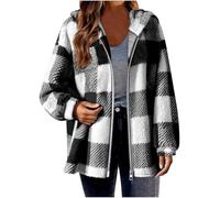 shownicer Hoodie Damen Kariert Teddy Fleece Kapuzenpullover Warm Reißverschluss Winterjacke mit Kapuze A Schwarz 3XL