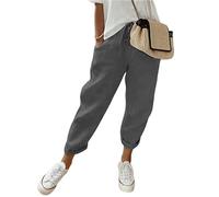 shownicer Hose Damen Sommer Casual Baumwolle Leinen Stoffhose Einfarbig Freizeithose Strandhose Leicht Stretch Leinenhose Straight Leg Hose und Taschen A Grau L