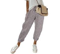 shownicer Hose Damen Sommer Casual Baumwolle Leinen Stoffhose Einfarbig Freizeithose Strandhose Leicht Stretch Leinenhose Straight Leg Hose und Taschen B Grau M