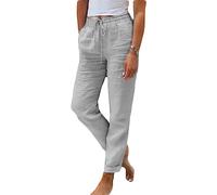 shownicer Hose Damen Sommer Leinenhose Casual Baumwolle Leinen Stoffhose Einfarbig Freizeithose Stretch Leicht Leinenhose Strandhose Straight Leg Hose und Taschen A Grau XS