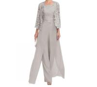 shownicer Hosenanzug Damen Festlich Hochzeit Hosenanzug 3-Teiliges Set Chiffon Hosenanzüge Große Größen Brautmutter Anzug Abendanzug Sets A Grau2 42