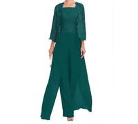 shownicer Hosenanzug Damen Festlich Hochzeit Hosenanzug 3-Teiliges Set Chiffon Hosenanzüge Große Größen Brautmutter Anzug Abendanzug Sets A Grün2 42