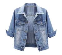 shownicer Jeansjacke Damen 3/4-Arm Kurze Denim Jacke Frühlingsjacke Vintage Oversize Übergangsjacke Mit Knöpfen Streetwear