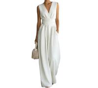 shownicer Jumpsuit Damen Elegant Ärmellos V Ausschnitt Romper Weites Bein Lang Playsuit Festlich Hochzeit A Weiß M