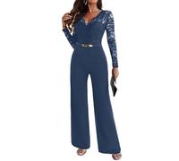 shownicer Jumpsuit Damen Elegant Festlich Overall Hosenanzug Langarm V-Ausschnitt Jumpsuit Lang Romper Weites Bein Playsuit A Blau XS