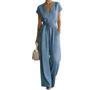 shownicer Jumpsuit Damen Elegant Kurzarm V-Ausschnitt Playsuit Casual Hosenanzug Mit Gürtel A Blau M