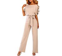 shownicer Jumpsuit Damen Elegant Langarm Playsuit V-Ausschnitt Casual Lose Overalls Lang Romper Aprikose M