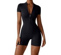 shownicer Jumpsuit Damen Kurzarm Jumpsuit Kurz Eng Yoga Overall mit Reißverschluss Sport Einteiler Bodysuit Bodycon Romper Playsuits Strampler Gym Set A Schwarz L