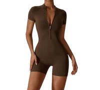 shownicer Jumpsuit Damen Kurzarm Jumpsuit Kurz Eng Yoga Overall mit Reißverschluss Sport Einteiler Bodysuit Bodycon Romper Playsuits Strampler Gym Set A Braun L