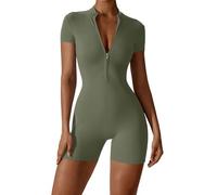 shownicer Jumpsuit Damen Kurzarm Jumpsuit Kurz Eng Yoga Overall mit Reißverschluss Sport Einteiler Bodysuit Bodycon Romper Playsuits Strampler Gym Set A Grün L