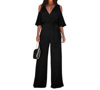 shownicer Jumpsuit Damen Kurzarm V-Ausschnitt Playsuit Schulterfrei Weites Bein Romper Mit Gürtel A Schwarz M