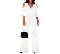 shownicer Jumpsuit Damen Kurzarm V-Ausschnitt Playsuit Schulterfrei Weites Bein Romper Mit Gürtel A Weiß M