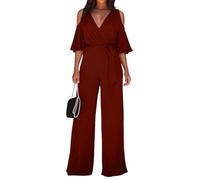 shownicer Jumpsuit Damen Kurzarm V-Ausschnitt Playsuit Schulterfrei Weites Bein Romper Mit Gürtel A Weinrot M