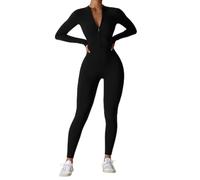 shownicer Jumpsuit Damen Langarm Jumpsuit Lang Eng Yoga Overall Reißverschluss Sport Einteiler Bodysuit Bodycon Romper Playsuits Strampler Gym Set A Schwarz L