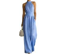 shownicer Jumpsuit Damen Sommer Ärmellos Neckholder Overall Weites Bein Romper Festlich Plissee Playsuit A Blau XXL