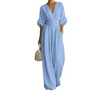 shownicer Jumpsuit Damen Sommer V-Ausschnitt 3/4 Ärmel Romper Plissee Weites Bein Playsuit A Blau L