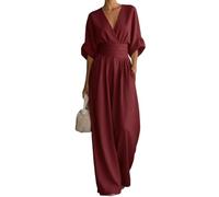 shownicer Jumpsuit Damen Sommer V-Ausschnitt 3/4 Ärmel Romper Plissee Weites Bein Playsuit A Weinrot M