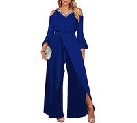 shownicer Jumpsuit Festlich Hochzeit Damen Lang Weites Bein Elegant Overall Spitze Ärmel Hosenanzug Playsuit Romper H Blau01 XXL